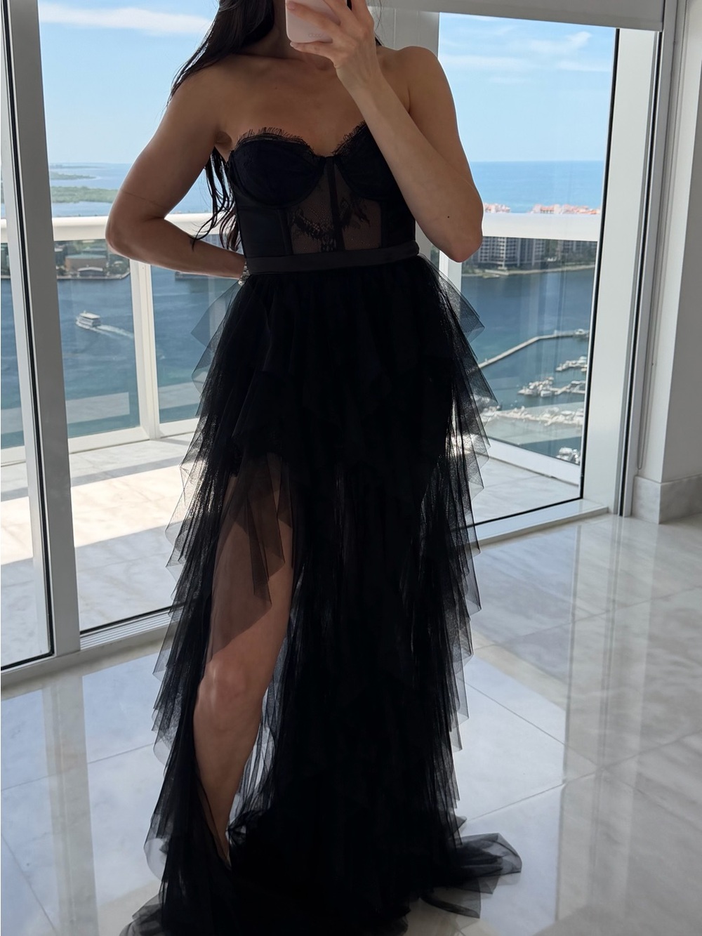 Fashion Nova Black Strapless Tulle Ruffled High-Slit Maxi Dress